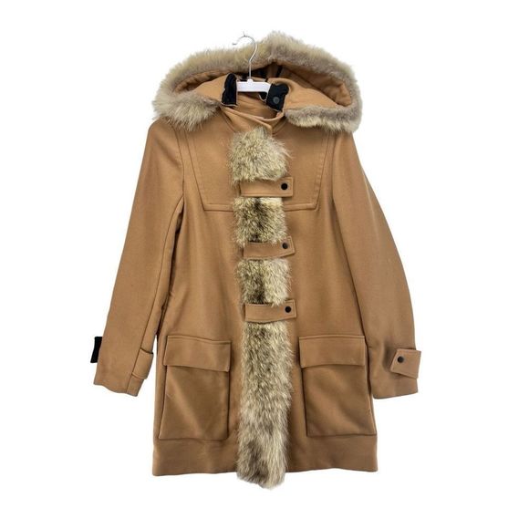 A. L. C. Wool Coat Parka Fur Trim Camel Tan Beige w Hood, Zipper & Snap Enclosur - Picture 1 of 16